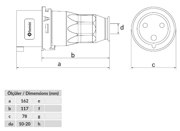 Dimensiones clavija CETAC 32A 2P-N BC1-3403-2011 IP44