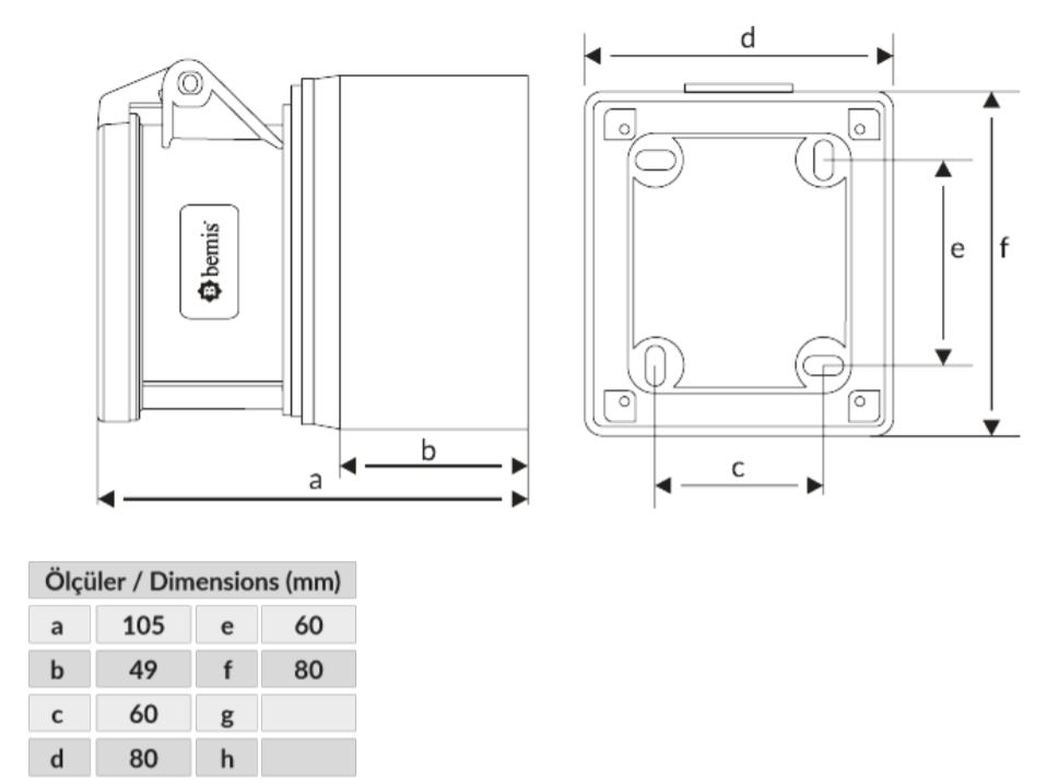 Dimensiones toma de corriente CETAC 32A 2P-T BC1-3403-2510