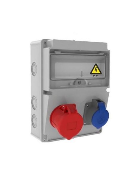 Caja de tomas de corriente 12 módulos IP44 con bases 1x32A 2P+T y 1x16A 3P+N+T