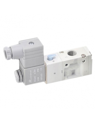 Electroválvula neumática de 1/4" 3 vías monoestable normalmente abierta (NO), 230Vac Mindman - ADAJUSA