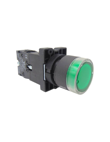 Pulsador verde luminoso contacto abierto  (NA) completo