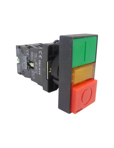Double gear pushbutton luminous stop, open and closed contacts (NA NC) plastic