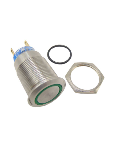 Pulsador antivandalico Ø19mm luminoso verde 2 NA + 2 NC acero inoxidable