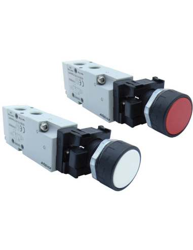Botão de pressão pneumático preto-branco-vermelho e Fim de curso escora de retorno por mola 1/8 3/2 NC servo-pilotada - Aignep