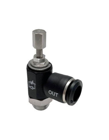 Regulador giratório unidirecional com botão de rosca cilíndrica de 1/4", tubo de 6 mm de diâmetro para cilindro de tecnopolímero