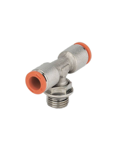 Conexão giratória em T com rosca central M5, tubo de 6mm - Metal Work