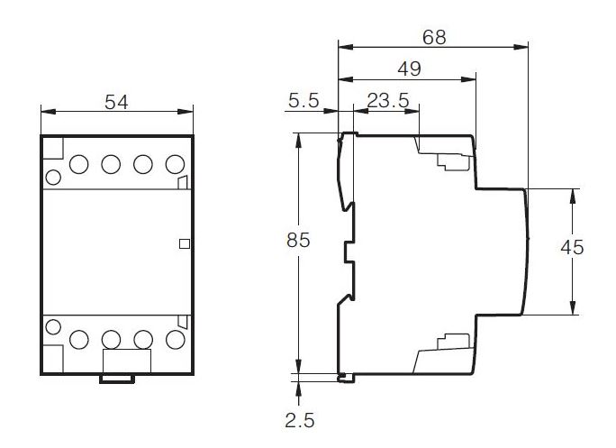 Dimensões do contator modular 63A 2 polos