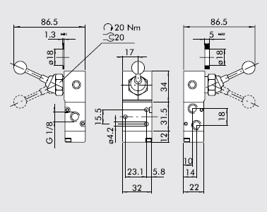 dimensiones valvula 1-8 3-2 accionamiento manual por palanca 