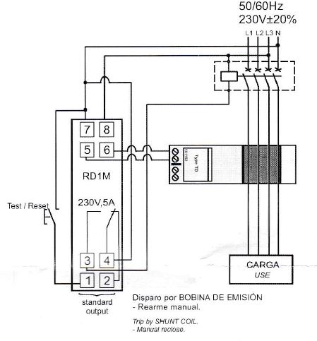 Conexión relé diferencia RD1M030 bobina de emisión