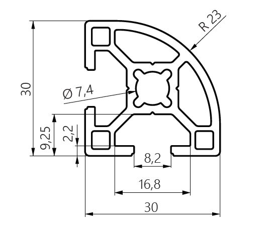 Dimensiones perfil aluminio 30x30 curvado
