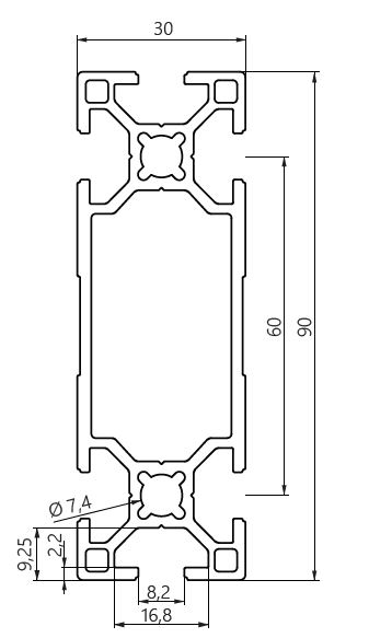 Dimensiones perfil aluminio 30x90