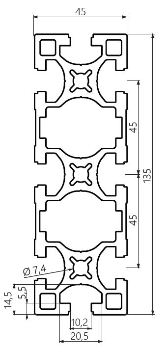 Dimensiones perfil aluminio 45x135