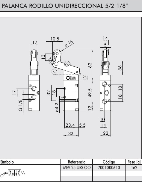 dimensiones valvula 1/8 5/2 palanca rodillo unidireccional