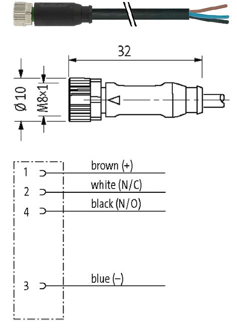 Dimensões do cabo do conector de 4 pinos