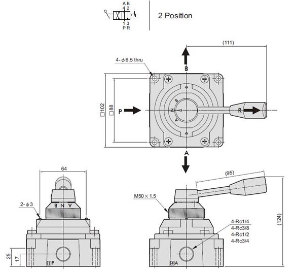Dimensiones válvula rotatoria mindman 2 posiciones MVHC