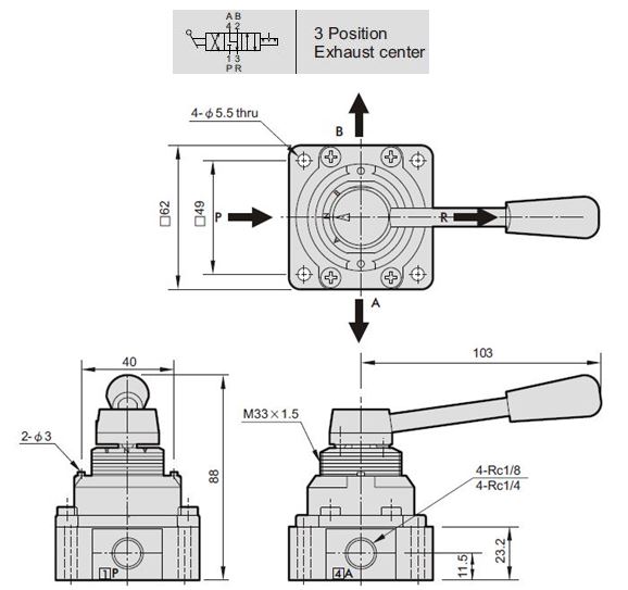 Dimensions Vannes pneumatiques 1/4 Mindman MVHC-201-4H-8A