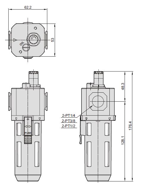 Dimensiones lubricador neumático MAL302 Mindman