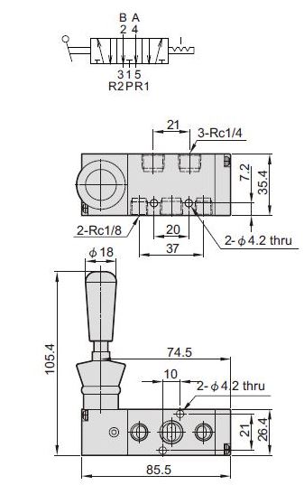 Dimensions valve manuelle 1/4 5/2 centres dans l'échappement Mindman