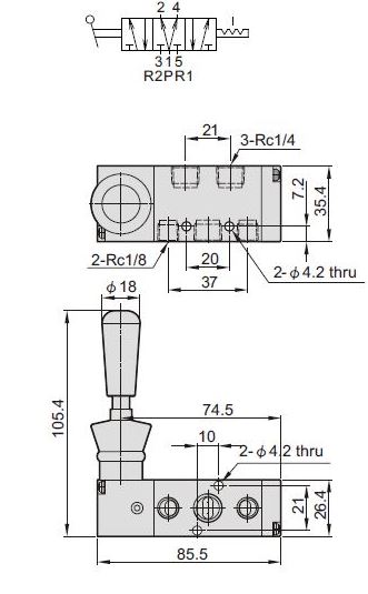 Vanne bistable dimensions centres de pression 1/4 mindman MVHB-260-4TVC